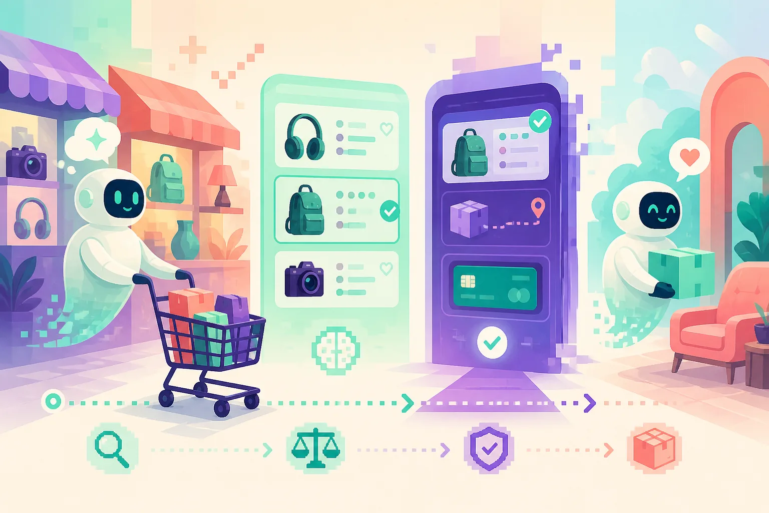 2D illustration of AI shopping agents comparing products and completing checkout