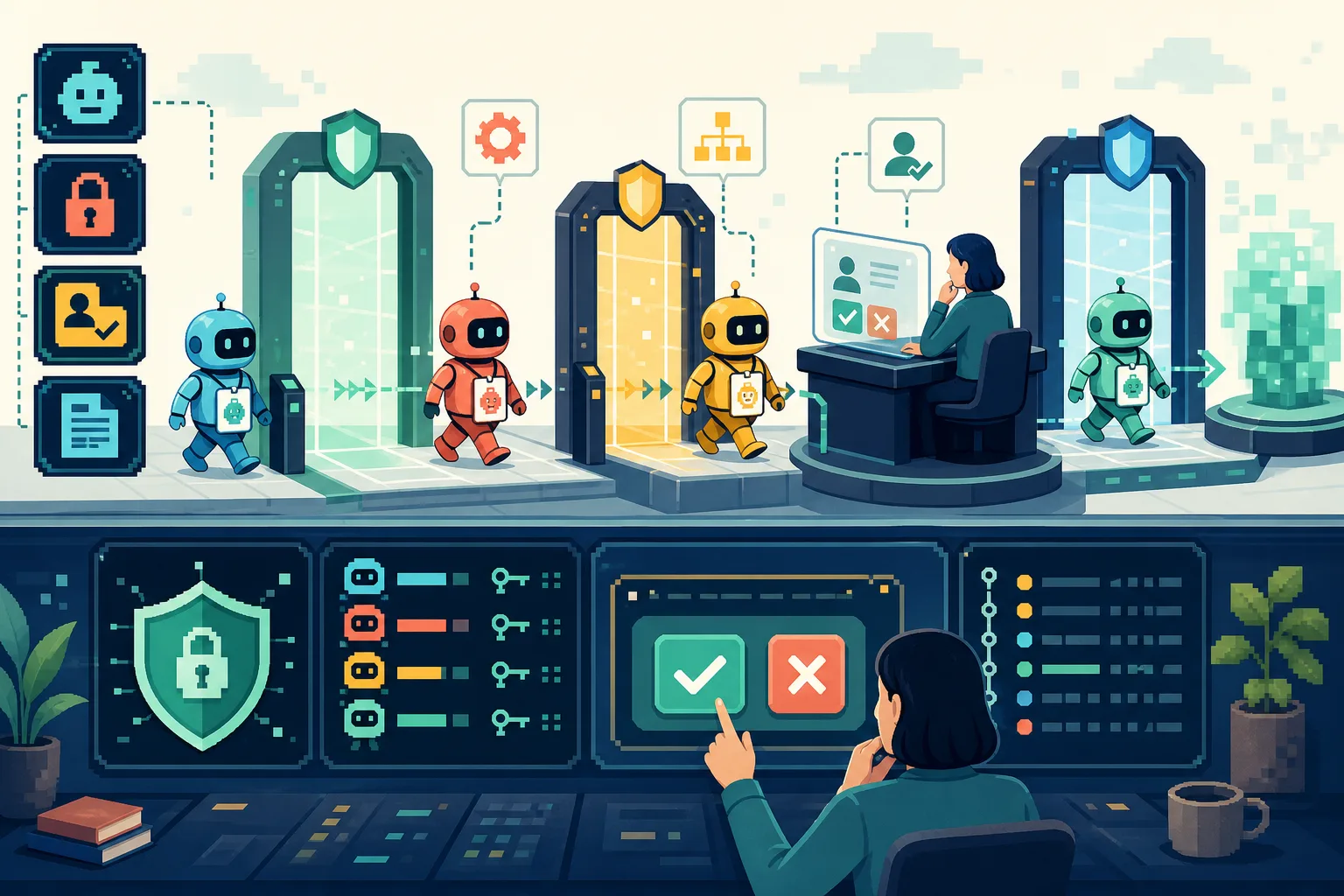 2D illustration of AI agents passing identity permission and approval gates
