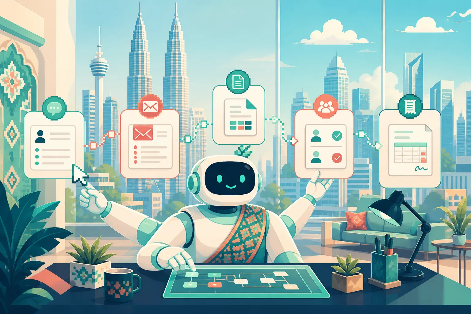 2D illustration of an AI agent coordinating a Malaysian business workflow