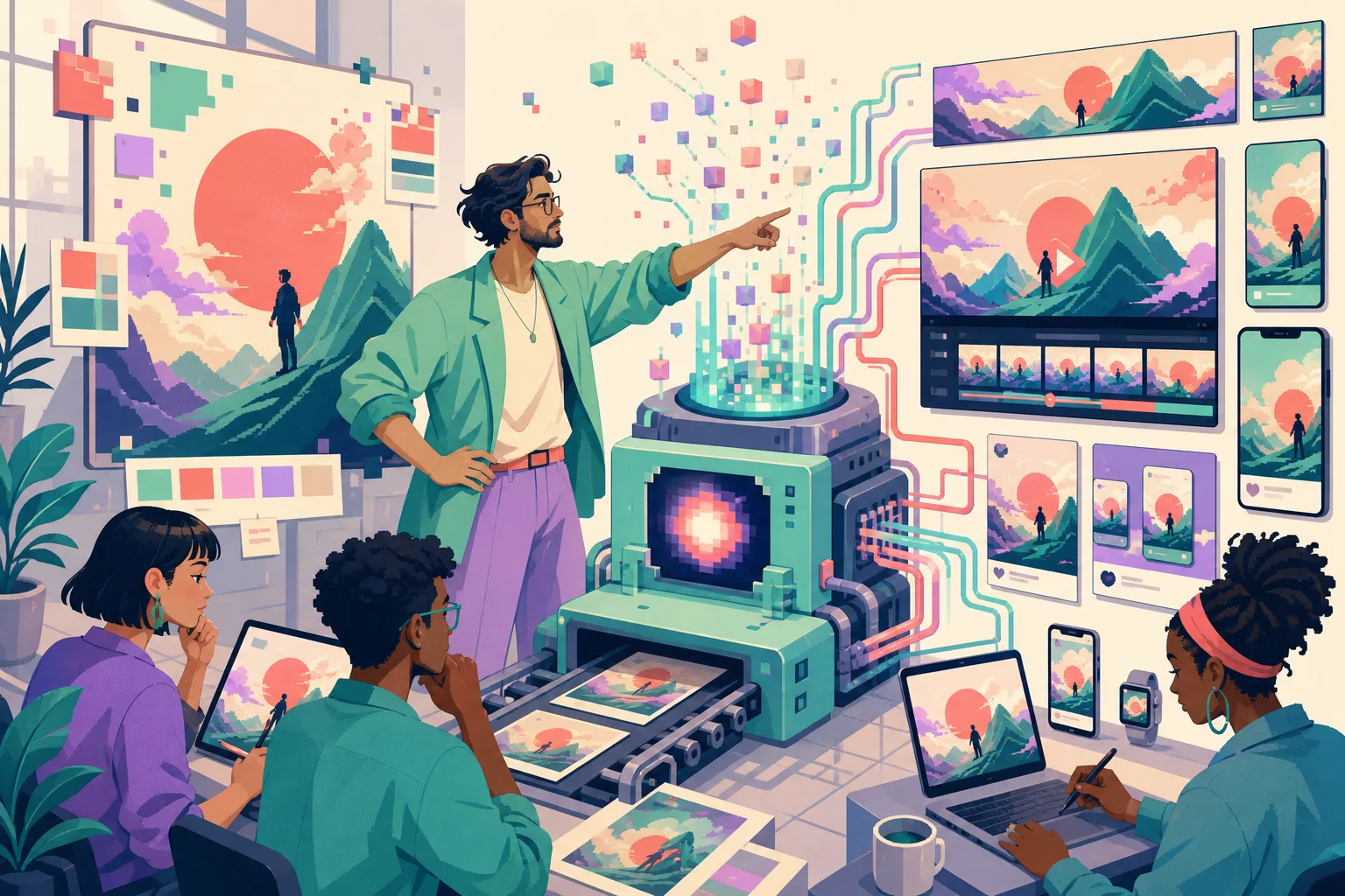 2D illustration of a creative team directing an AI system that produces campaign formats