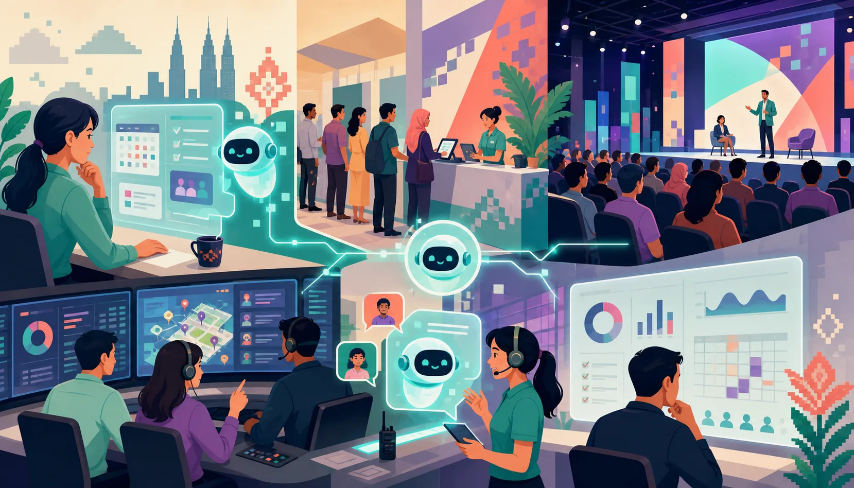 2D illustration of a Malaysian event team using AI across planning registration and live operations