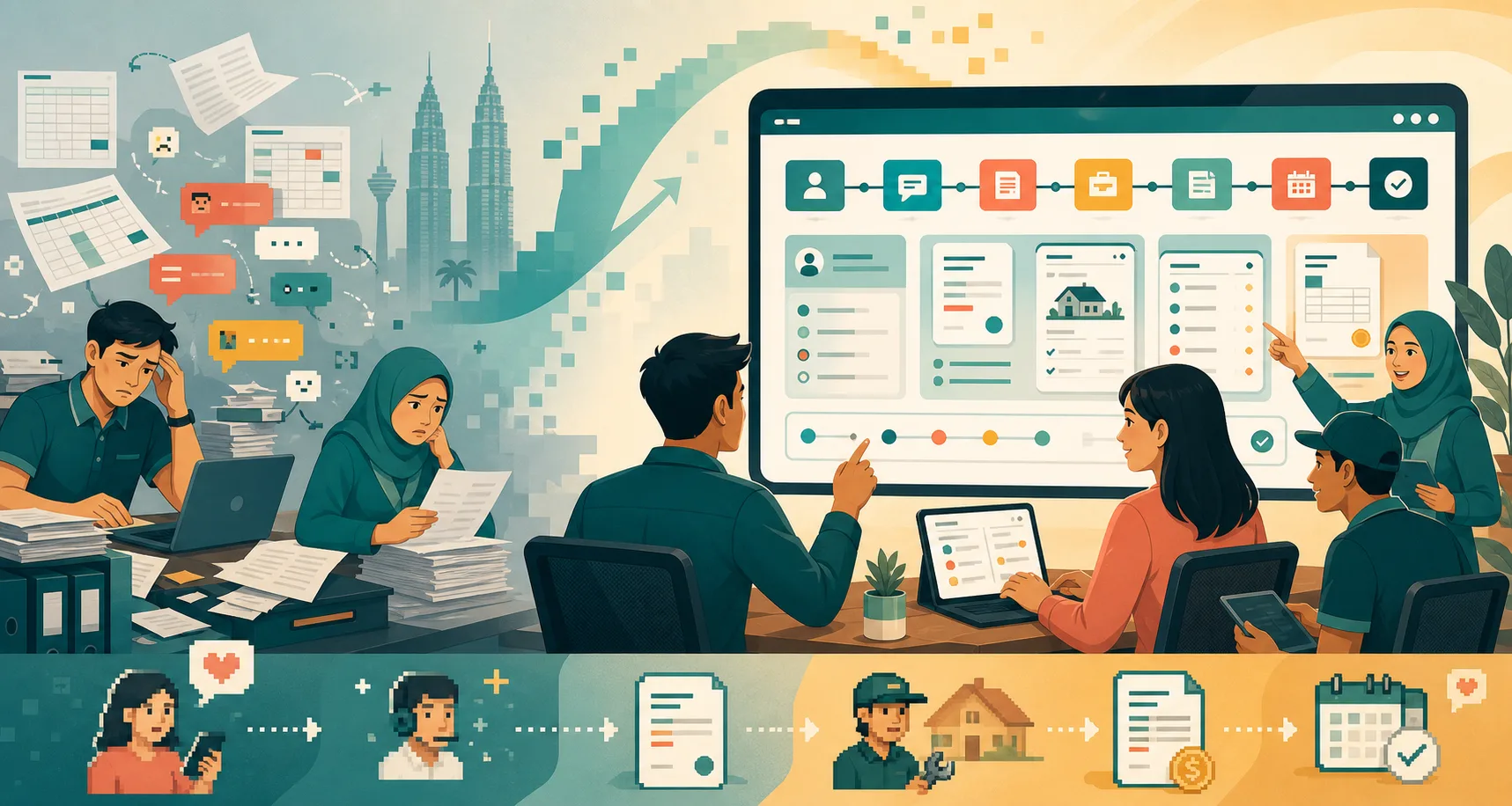 2D illustration of a Malaysian SME moving from scattered spreadsheets to a shared CRM workflow
