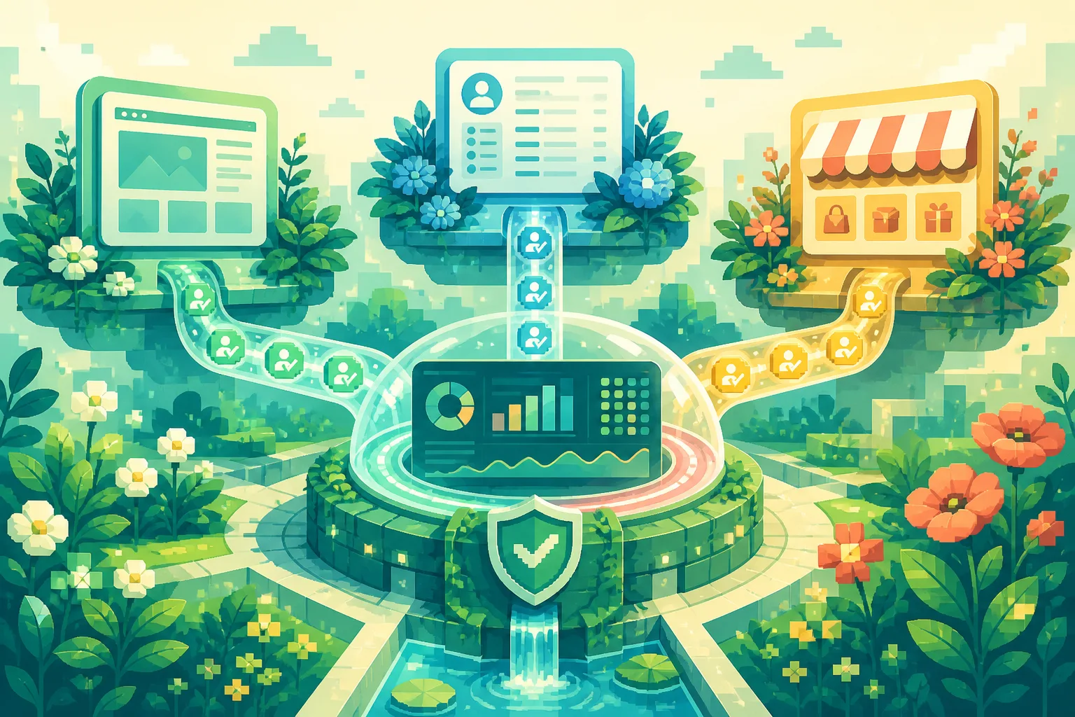 2D illustration of consented website CRM and shop data flowing into a secure dashboard