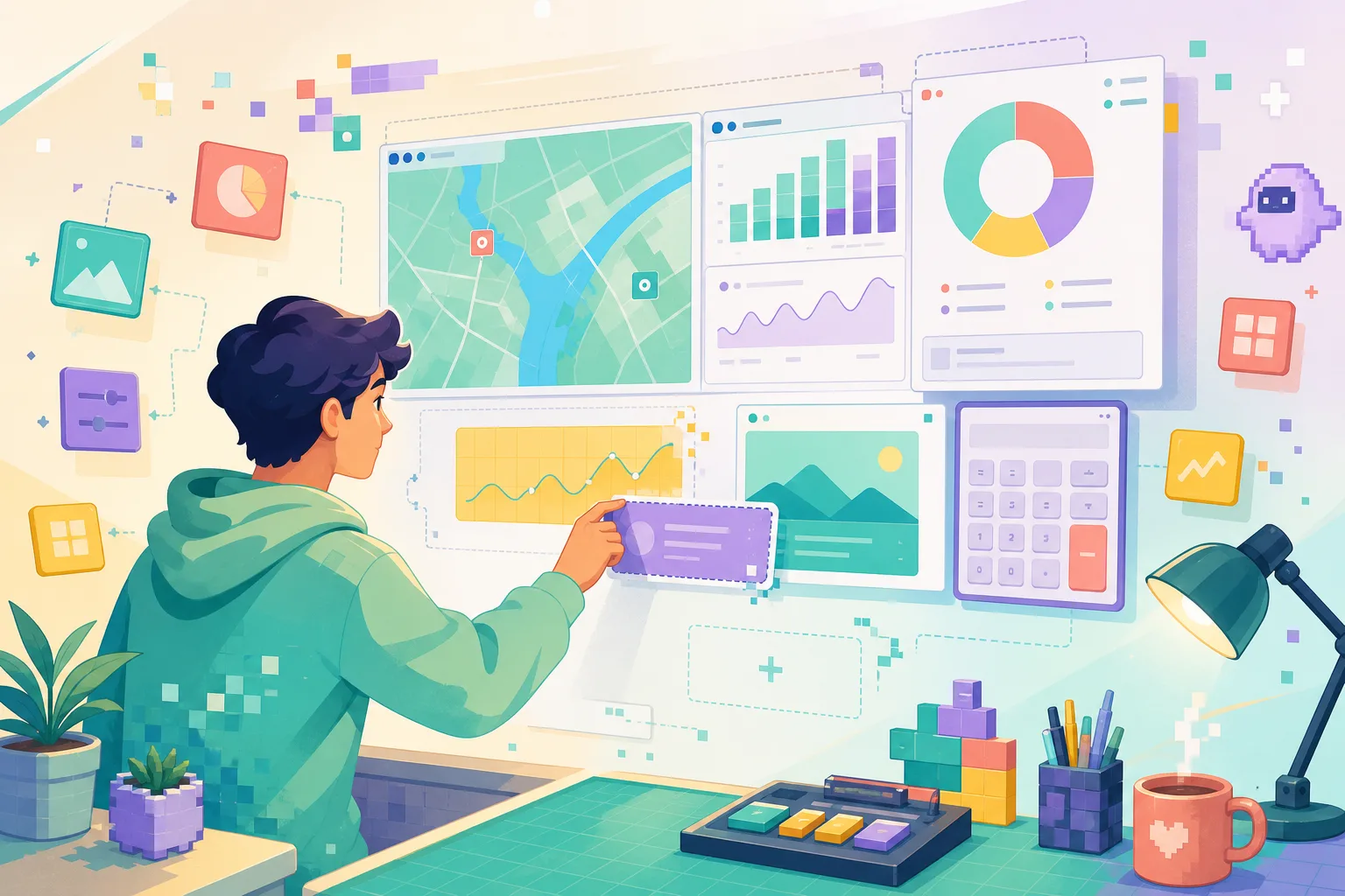 2D illustration of charts maps calculators and panels assembling into a custom interface