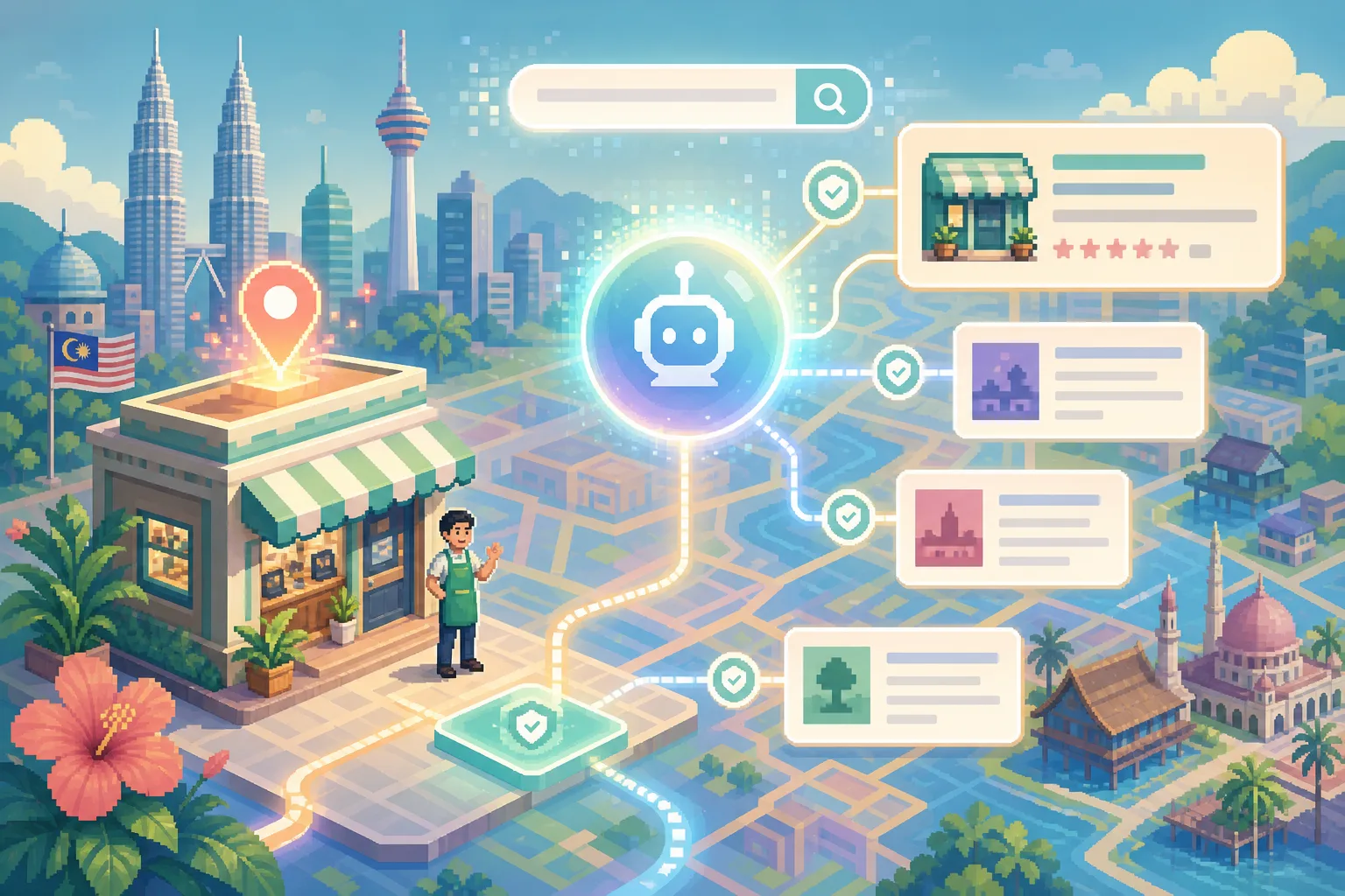 2D illustration of a Malaysian business connected to trusted AI search sources