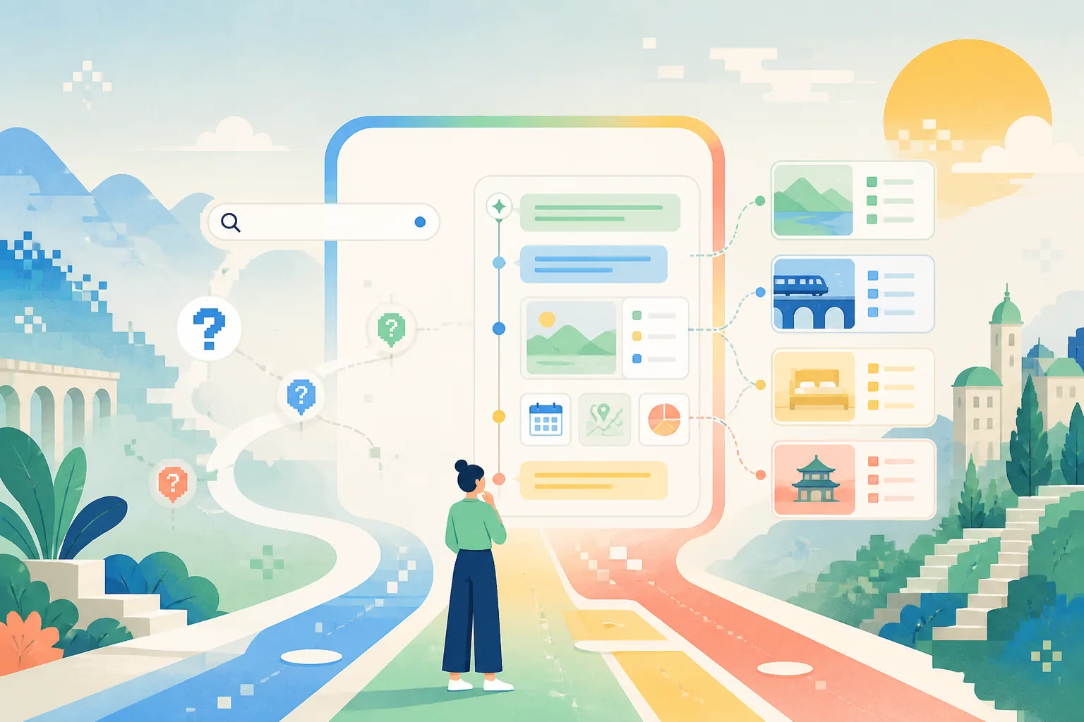 2D illustration of conversational AI search turning questions into a planning workspace