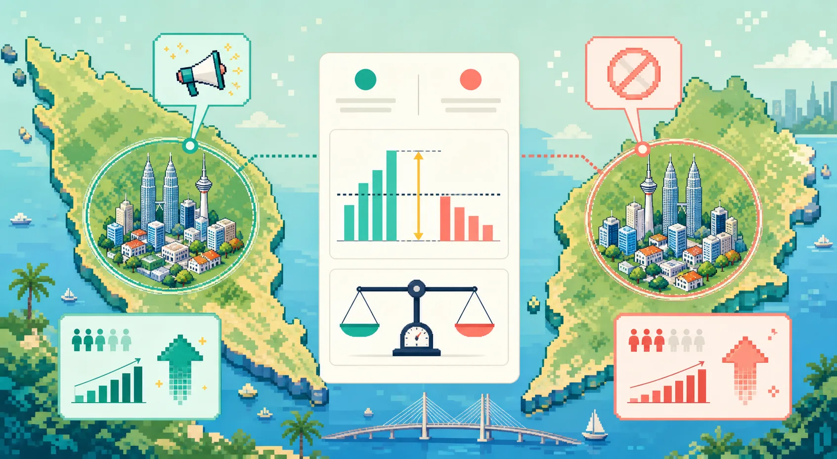 2D illustration comparing marketing test and control regions on a Malaysian map