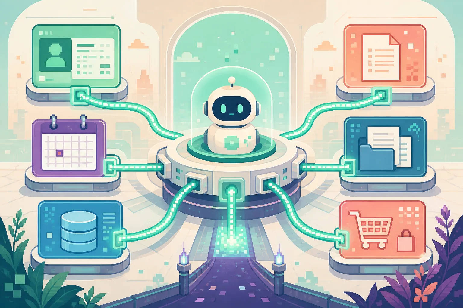 2D illustration of one AI agent connecting through a standard bridge to business systems