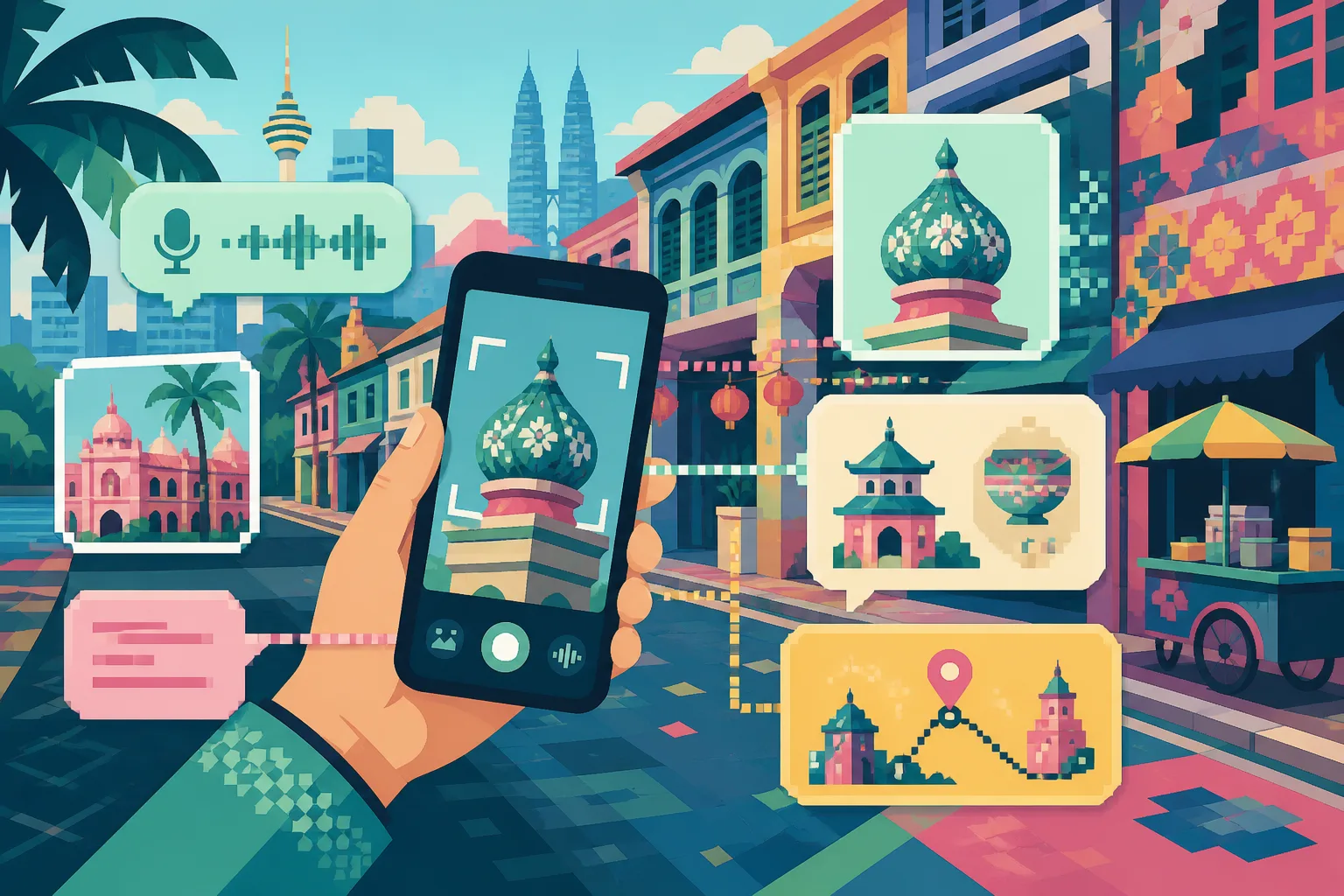 2D illustration of a phone using camera voice image and location signals for search