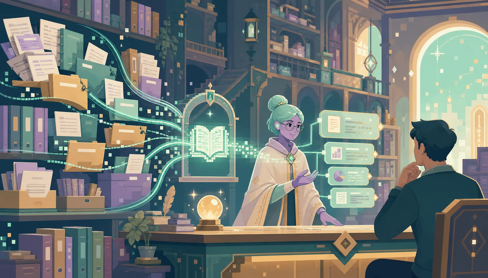 2D illustration of an AI librarian retrieving company documents to create grounded answers
