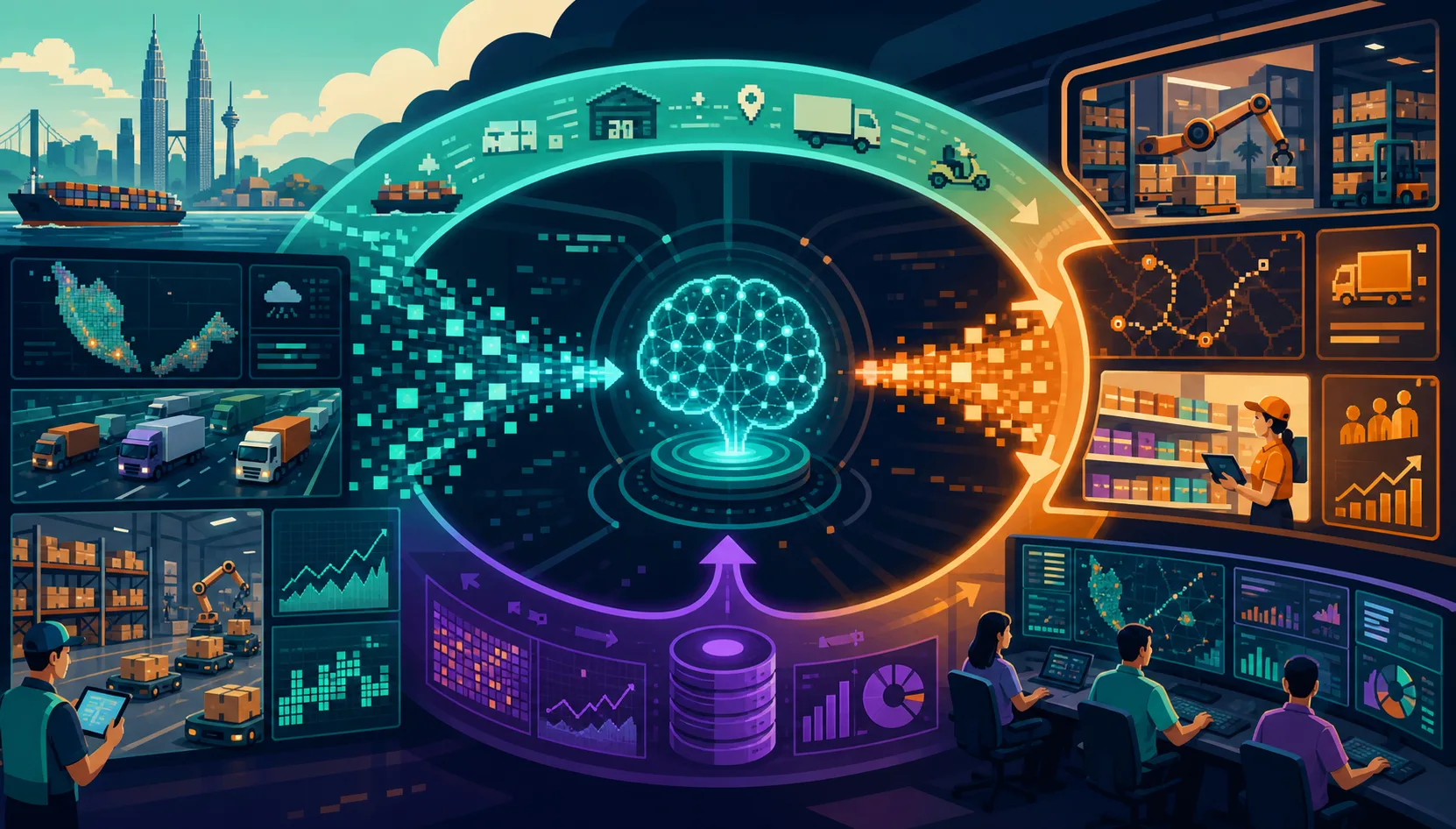 2D illustration of real-time logistics events and historical data feeding an AI decision loop