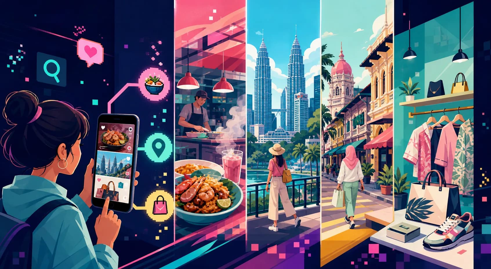 2D illustration of short-form video leading people to Malaysian food travel and retail discovery