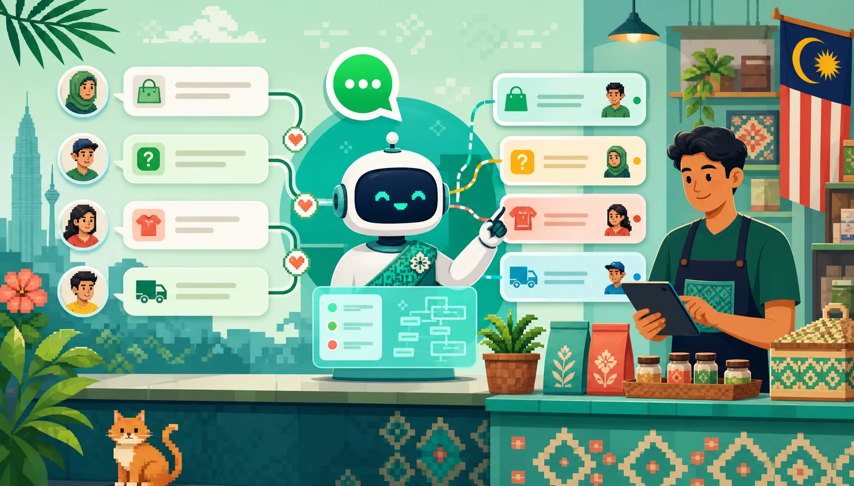 2D illustration of a Malaysian shop using an AI assistant to route messaging conversations