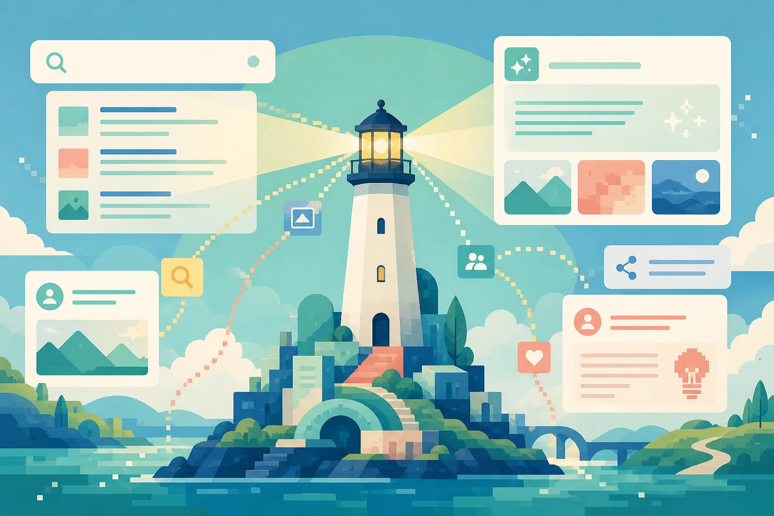 2D illustration of a trusted website lighthouse feeding useful signals into AI and search answers